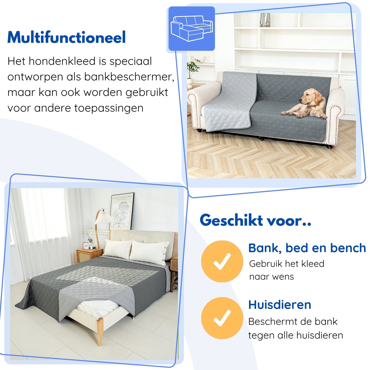 Hondendeken wasbaar voor hondenmand bank auto bed | Grijs